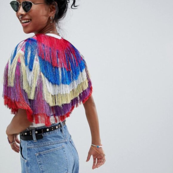 ASOS DESIGN - Mulit-color Holographic Fringe Tassel Cape - One Size - Picture 2 of 7